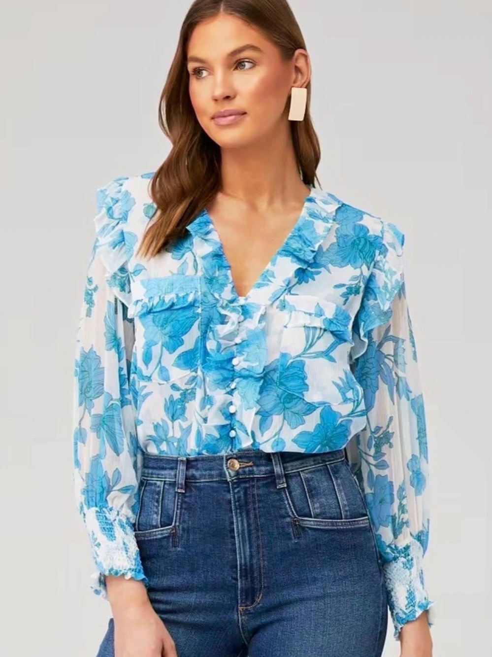 NWT MISA Sacha Top Floral Ruffle Blouse in Blue & White small